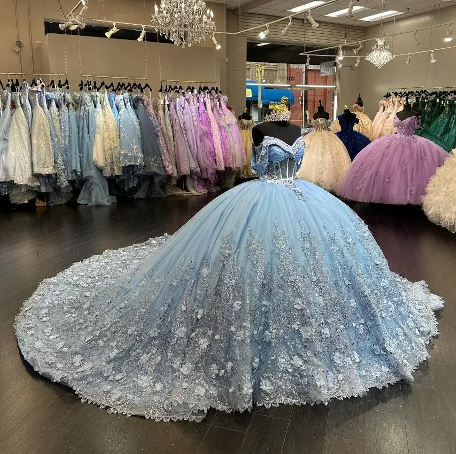 2024 Luxury Sparkly Fairytail Quinceanera Dresses Off Shoulder Gillter 3D Floral Boning vestido de 15 años Prom Lace Up