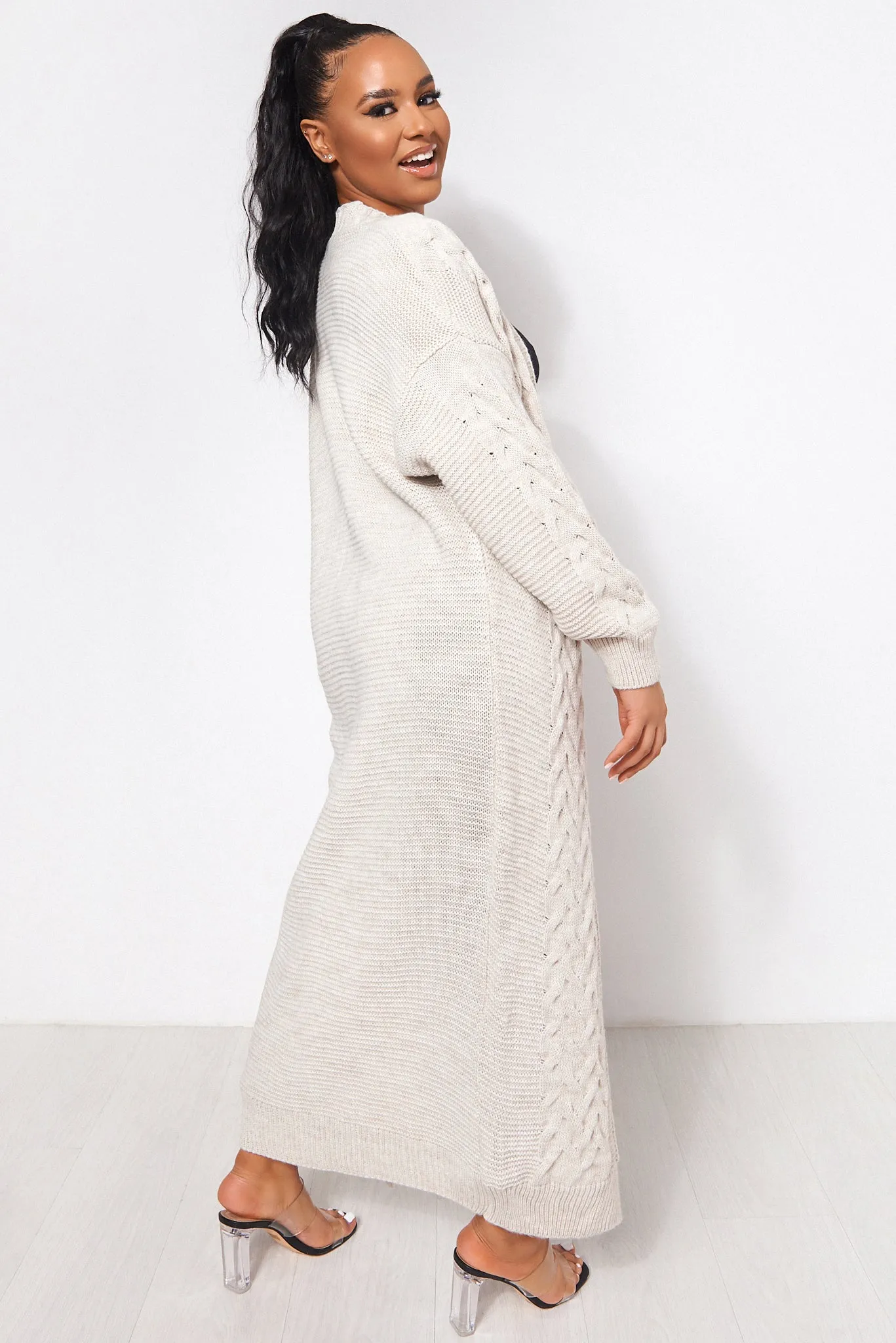 Addie Beige Cable Knit Maxi Cardigan