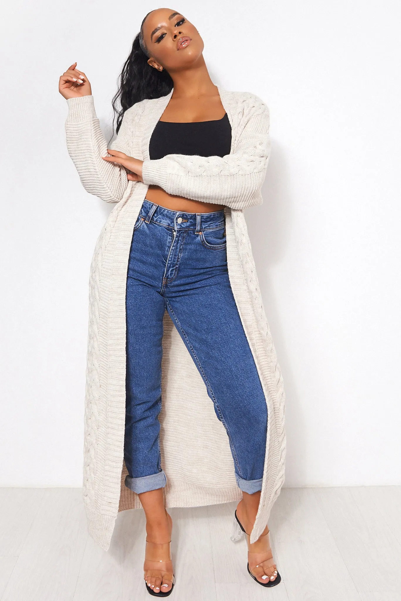 Addie Beige Cable Knit Maxi Cardigan