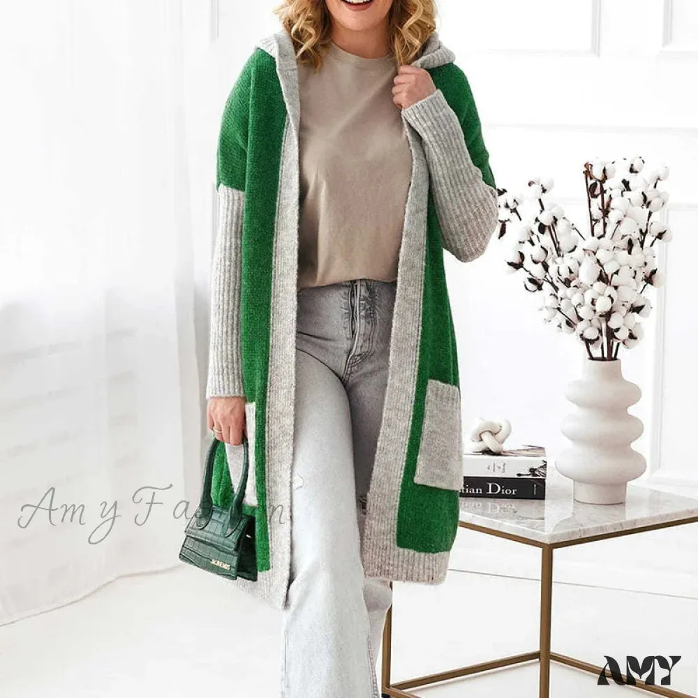 Amy Fashion - Letter Print Winter Warm Jacket Colorblock Hooded Cardigan