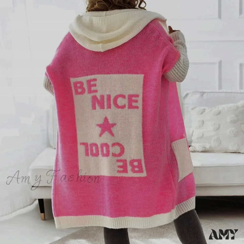 Amy Fashion - Letter Print Winter Warm Jacket Colorblock Hooded Cardigan