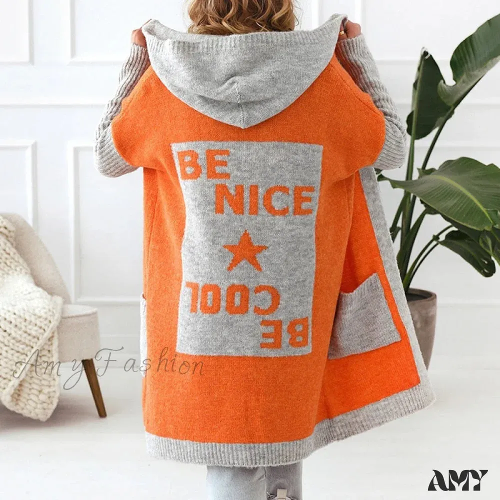 Amy Fashion - Letter Print Winter Warm Jacket Colorblock Hooded Cardigan