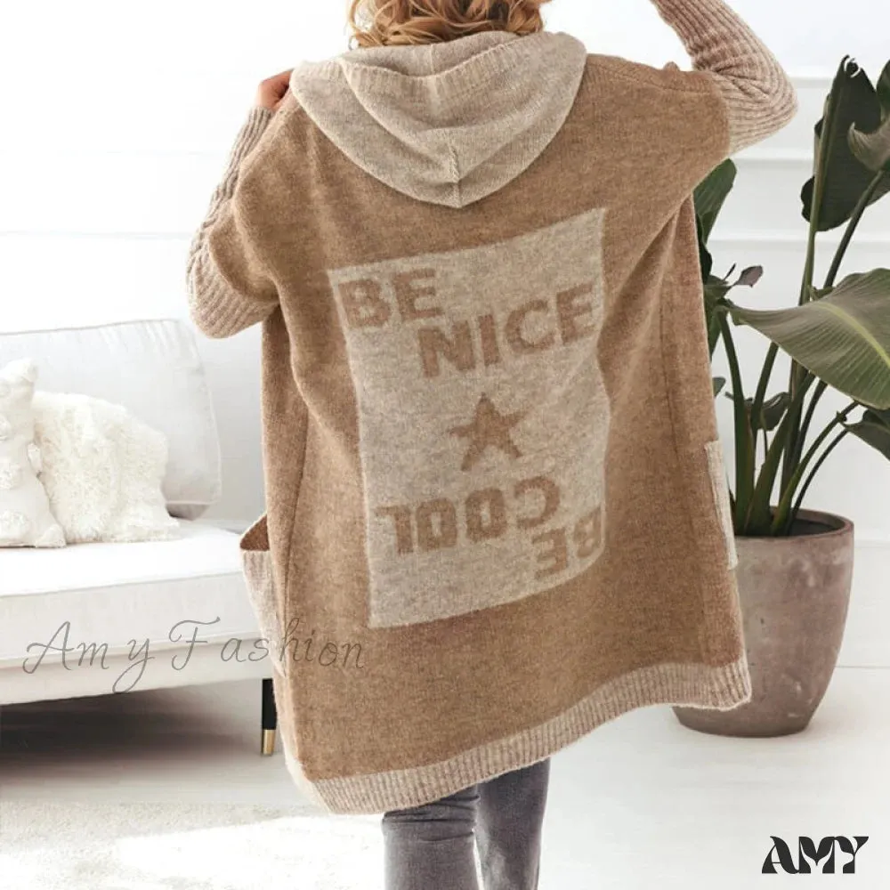 Amy Fashion - Letter Print Winter Warm Jacket Colorblock Hooded Cardigan