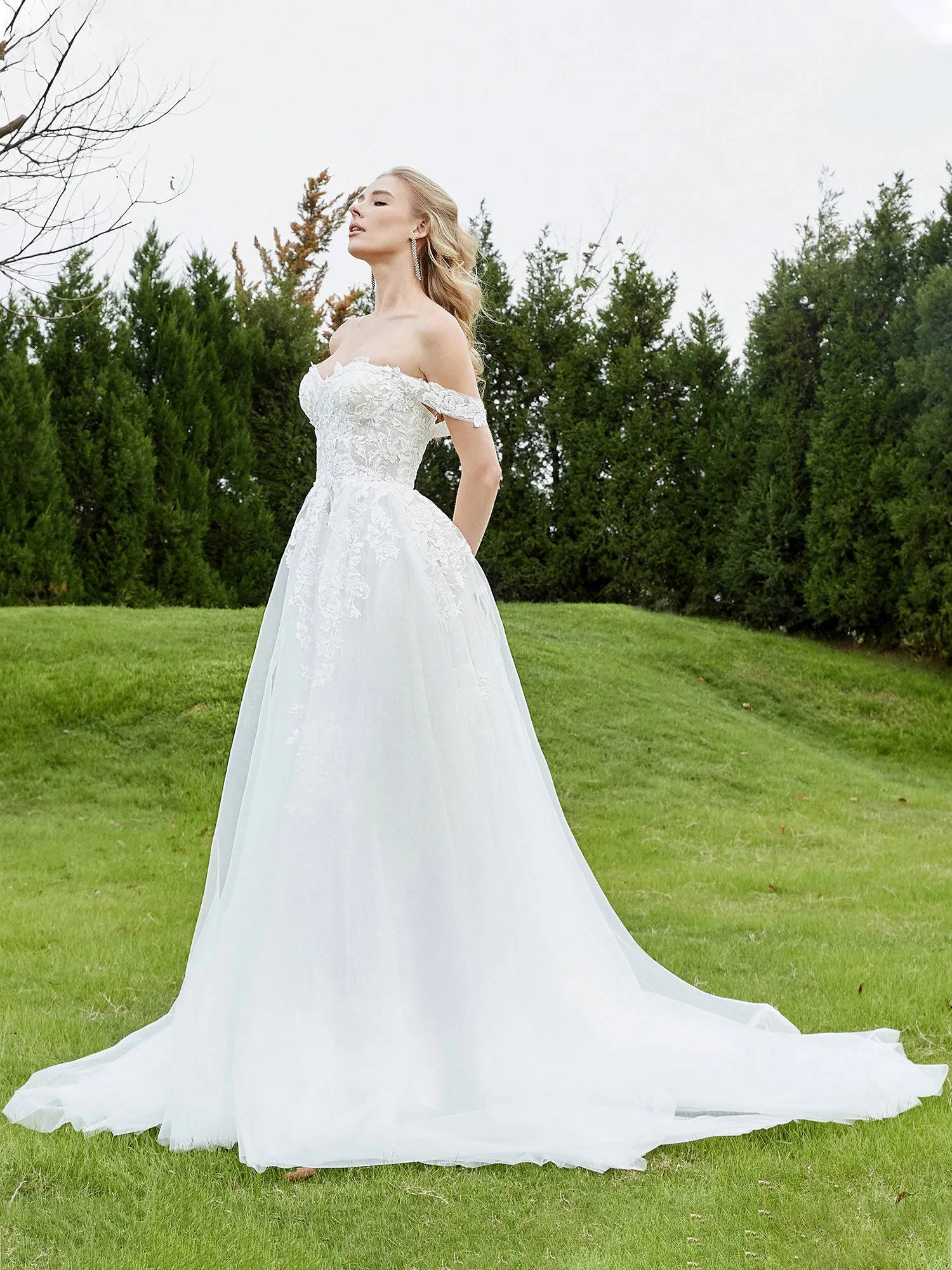 Appliqued Off-the-shoulder A-line Wedding Dress Ivory