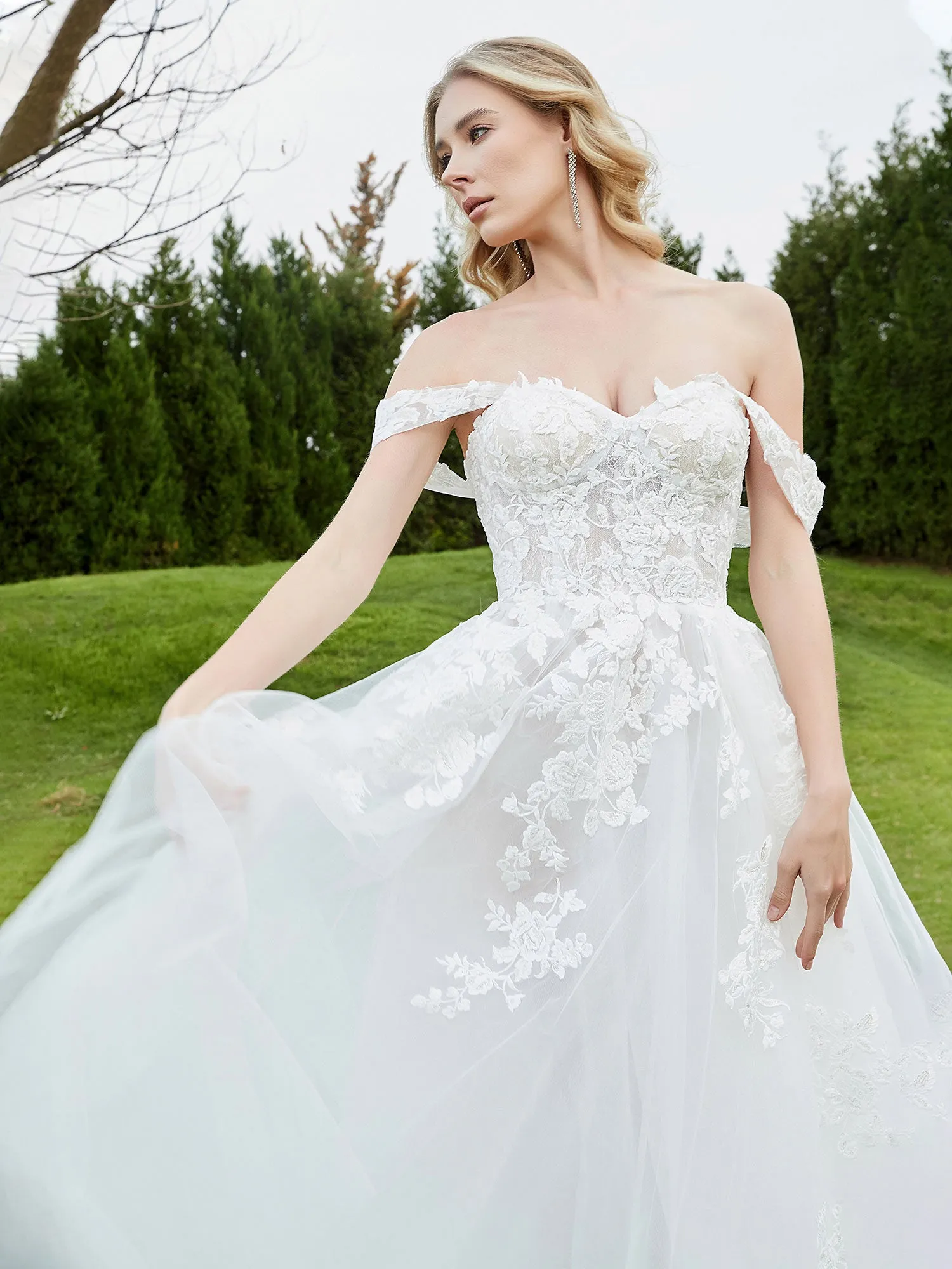 Appliqued Off-the-shoulder A-line Wedding Dress Ivory