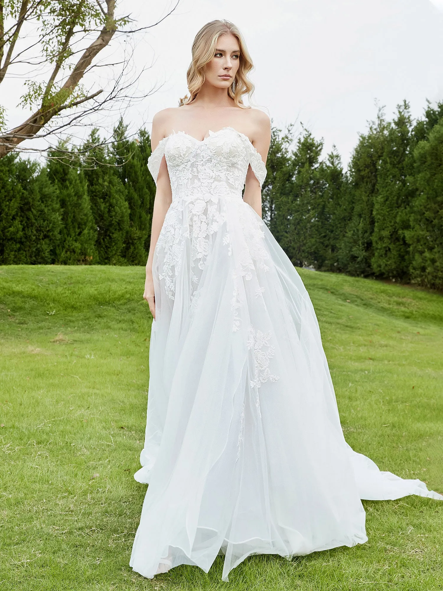 Appliqued Off-the-shoulder A-line Wedding Dress Ivory