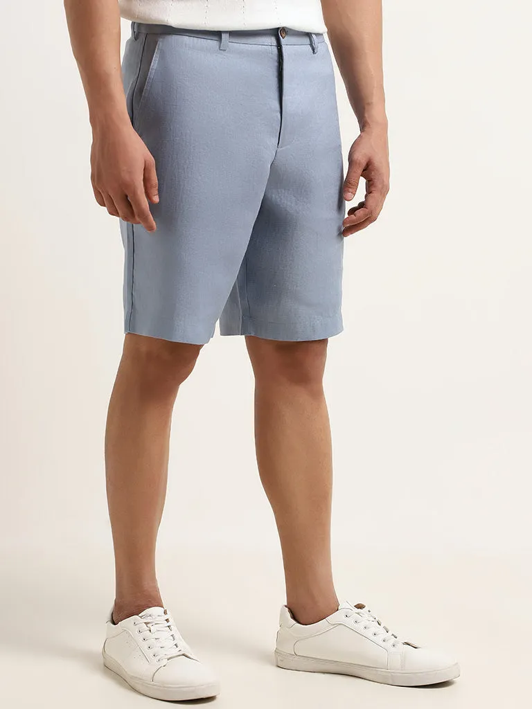 Ascot Solid Blue Mid Rise Relaxed Fit Linen Shorts