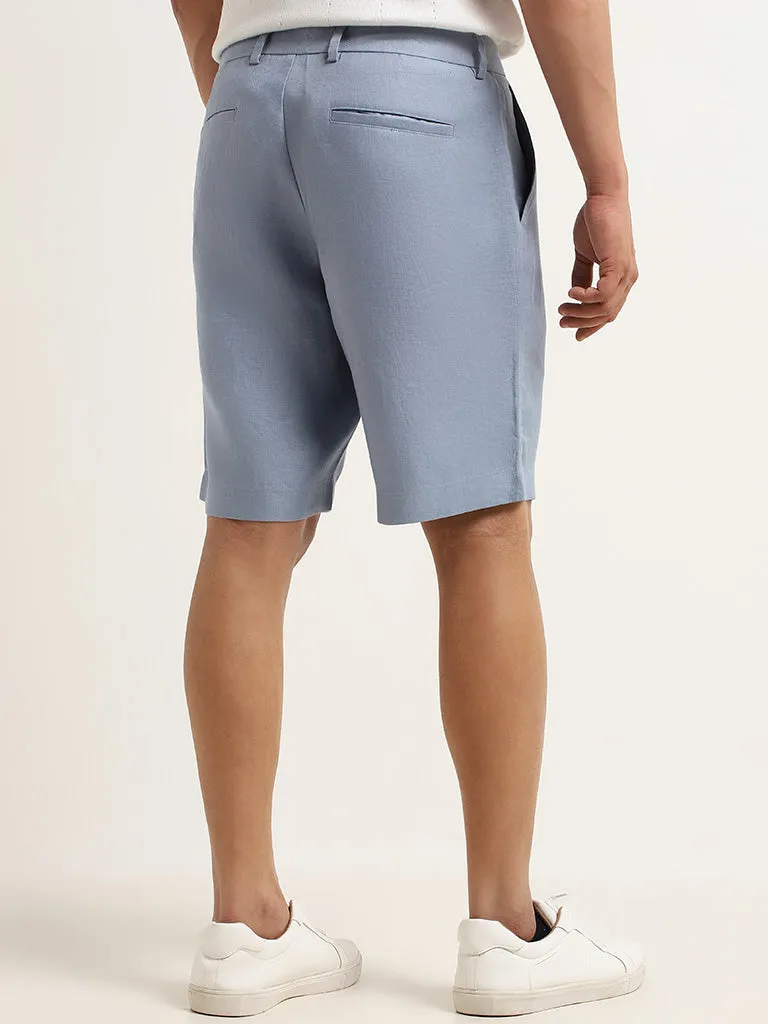 Ascot Solid Blue Mid Rise Relaxed Fit Linen Shorts