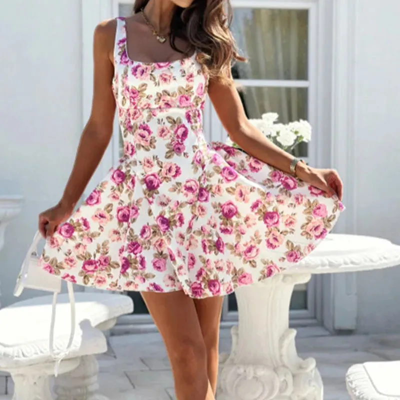 Backless Bow Decoration Elegant Lady Waist A-line Printed Swing Floral Sleeveless Dress