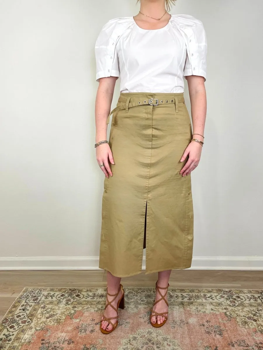 Belted Utility Skirt w/Side Button Placket in Khaki