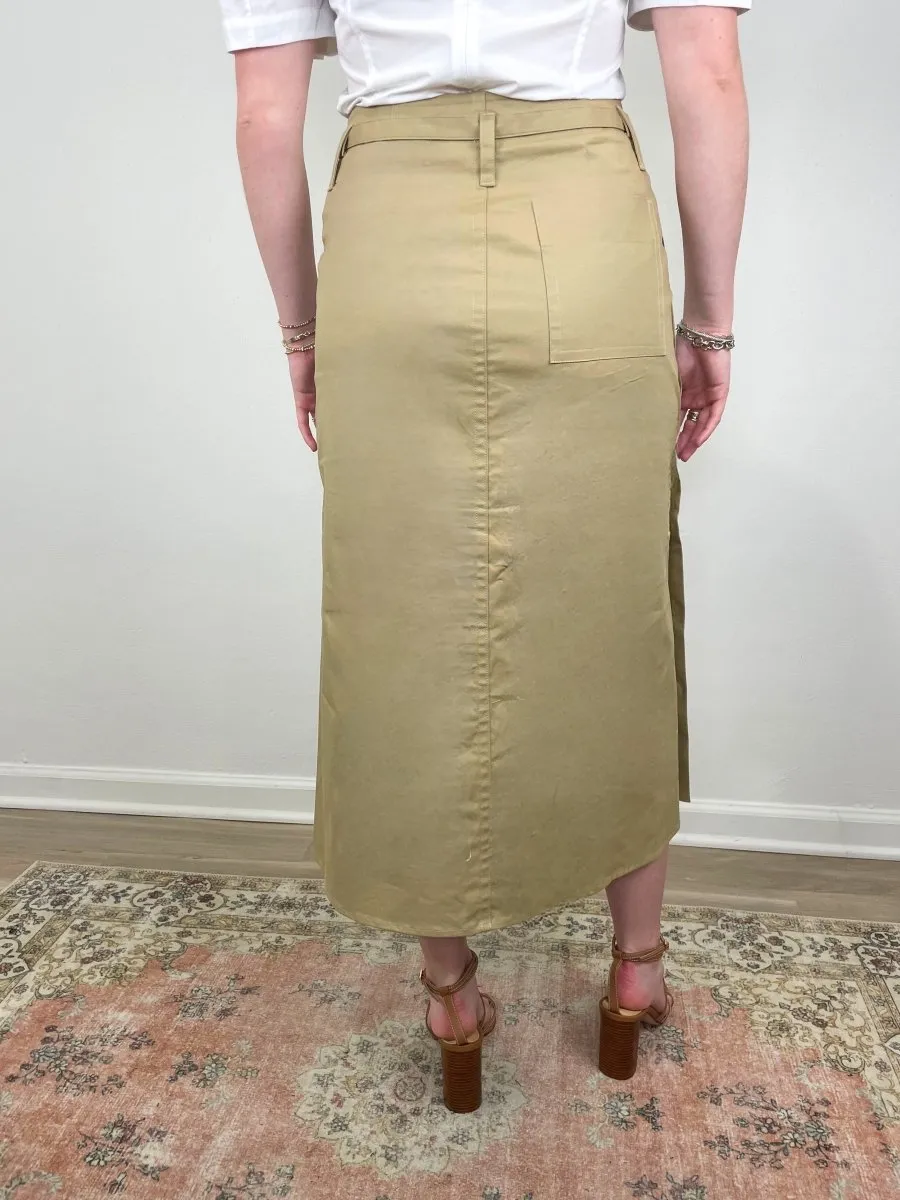 Belted Utility Skirt w/Side Button Placket in Khaki