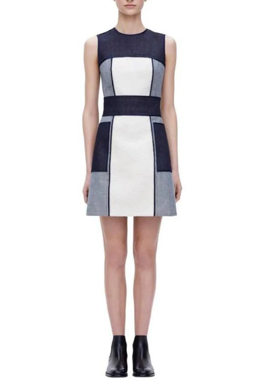 Blue Denim Borg Paneled Colorblock Mini Dress (Pre-loved)