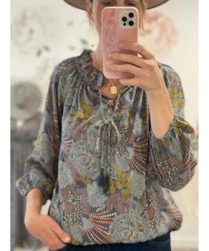 Boho Printed LS Blouse Grey Gold