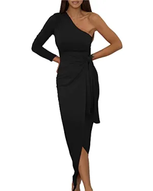 BTFBM Women Elegant Long Sleeve One Shoulder Cocktail Dress Bodycon Ruched Tie Waist Wrap Dress Solid Color Midi Party Dress(Solid Black,Large)