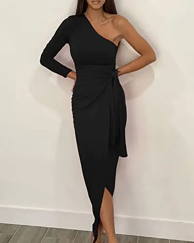 BTFBM Women Elegant Long Sleeve One Shoulder Cocktail Dress Bodycon Ruched Tie Waist Wrap Dress Solid Color Midi Party Dress(Solid Black,Large)