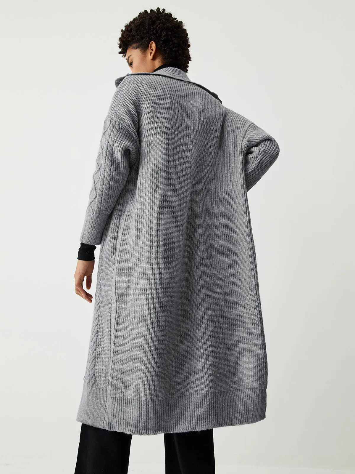 Charcoal Cable Knit Trendy Open Collar Longline Cardigan