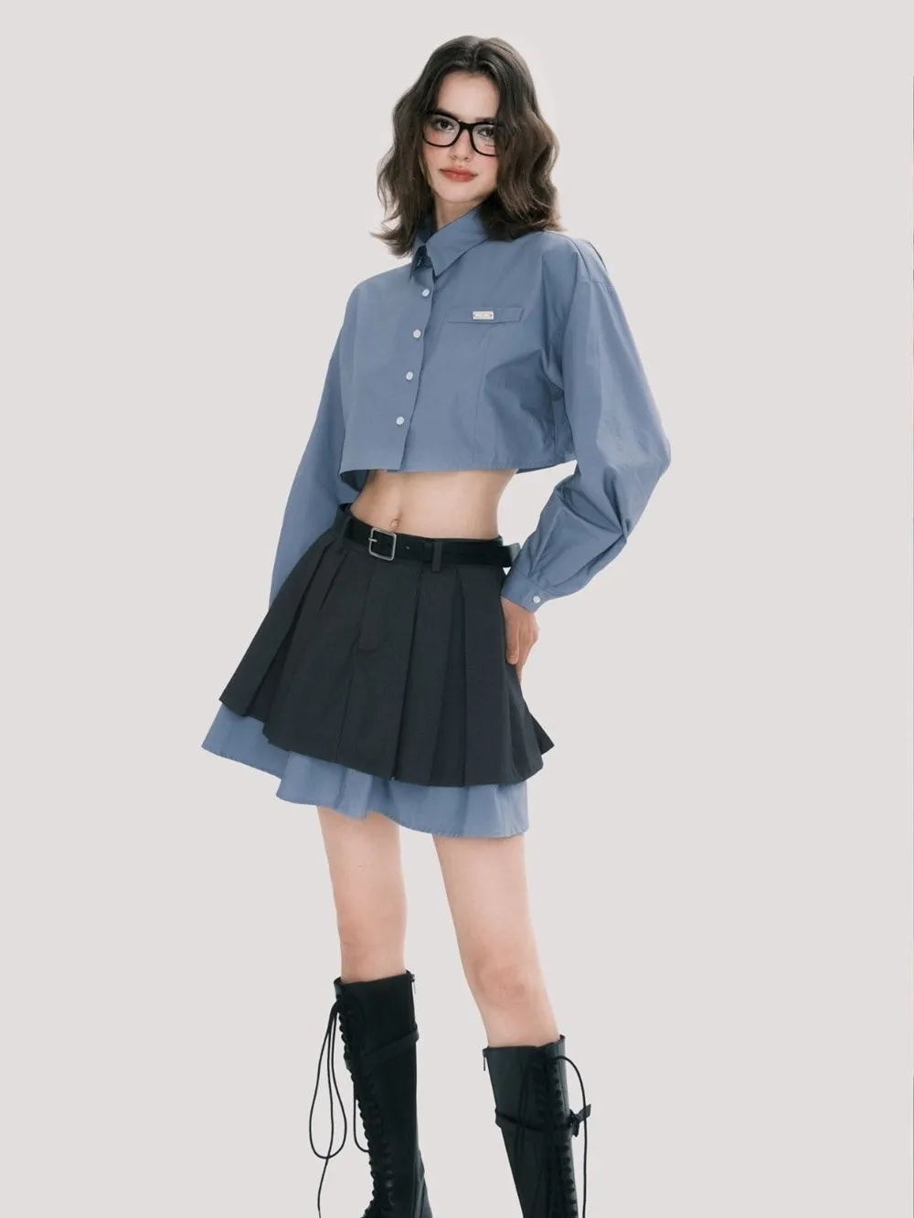 Chic Scholar Cropped Shirt And Pleated Skirt Set