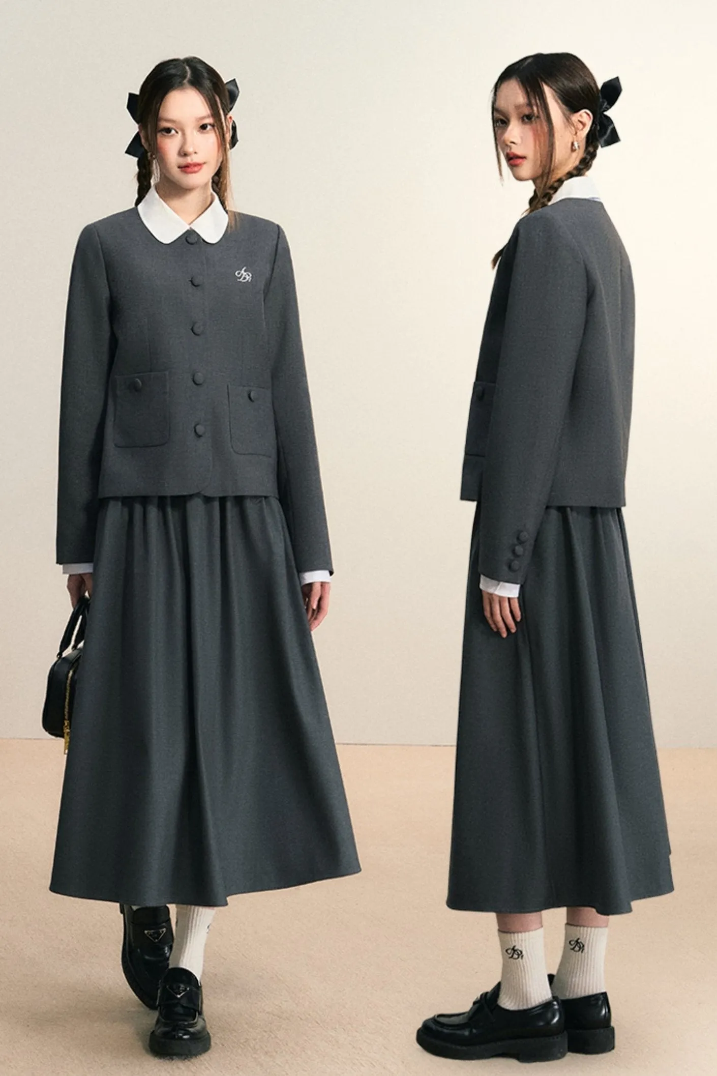 Classic Charcoal Duo - Collarless Jacket and Midi Skirt Set