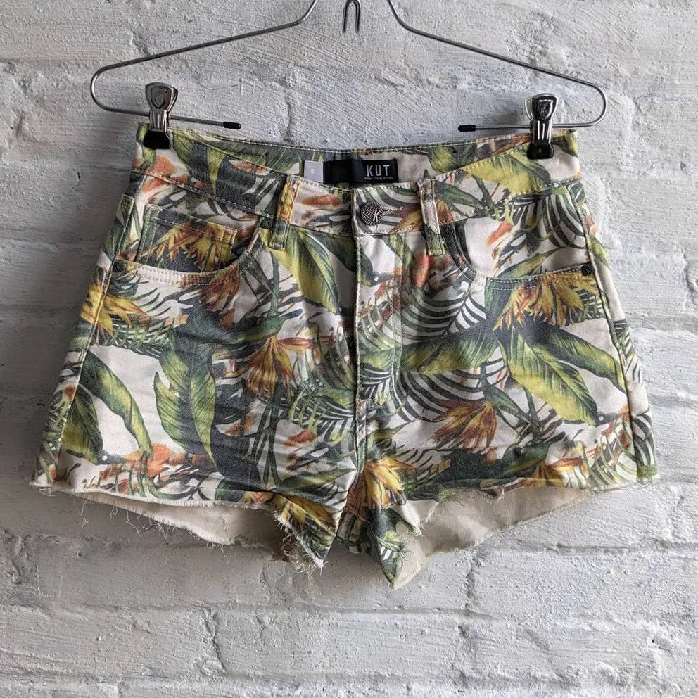 Distressed Denim Grunge Shorts High Rise Tropical Jungle Print Raw Hem Cut Offs