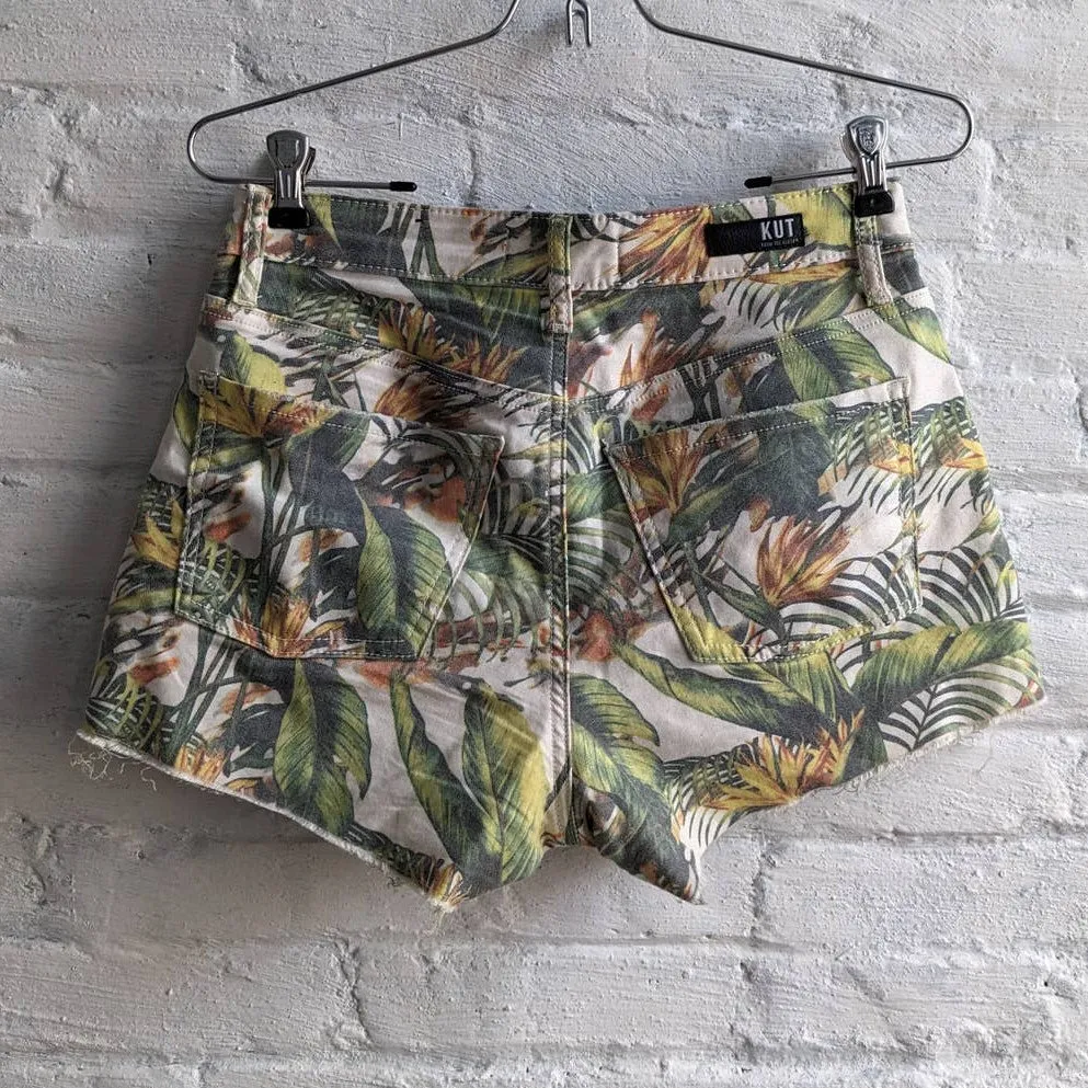 Distressed Denim Grunge Shorts High Rise Tropical Jungle Print Raw Hem Cut Offs