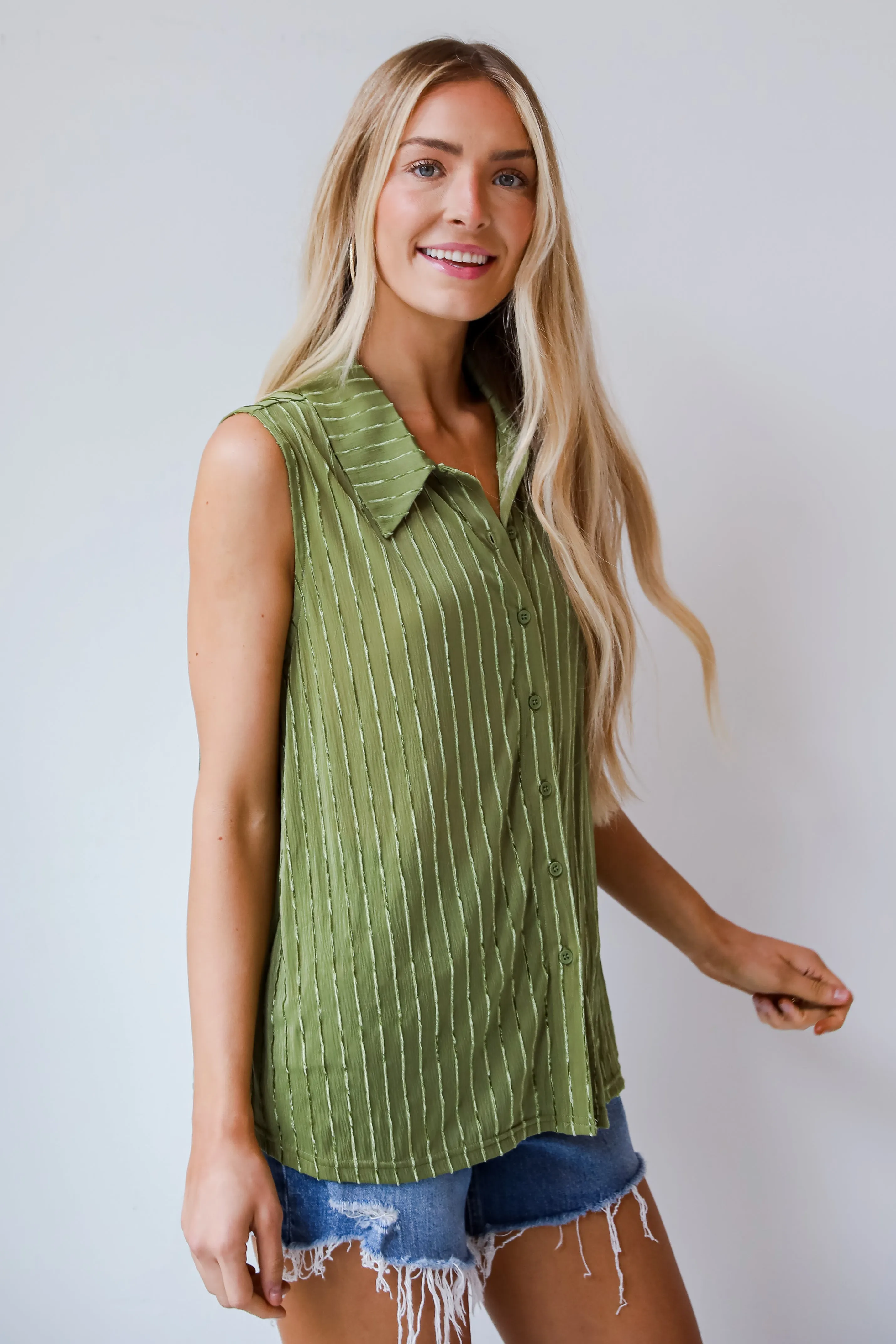 FINAL SALE - Endlessly Breezy Green Velvet Stripe Sleeveless Blouse