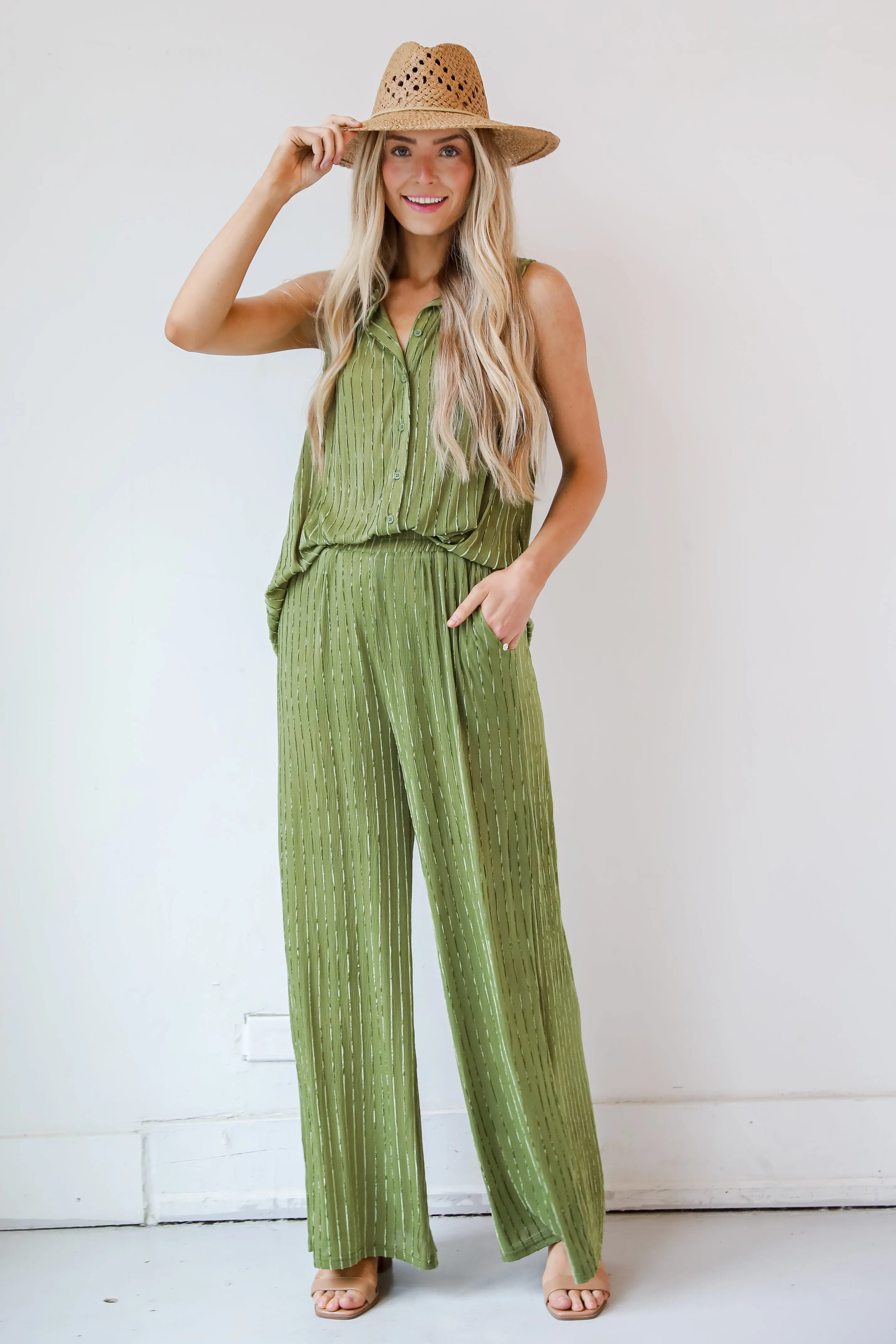 FINAL SALE - Endlessly Breezy Green Velvet Stripe Sleeveless Blouse