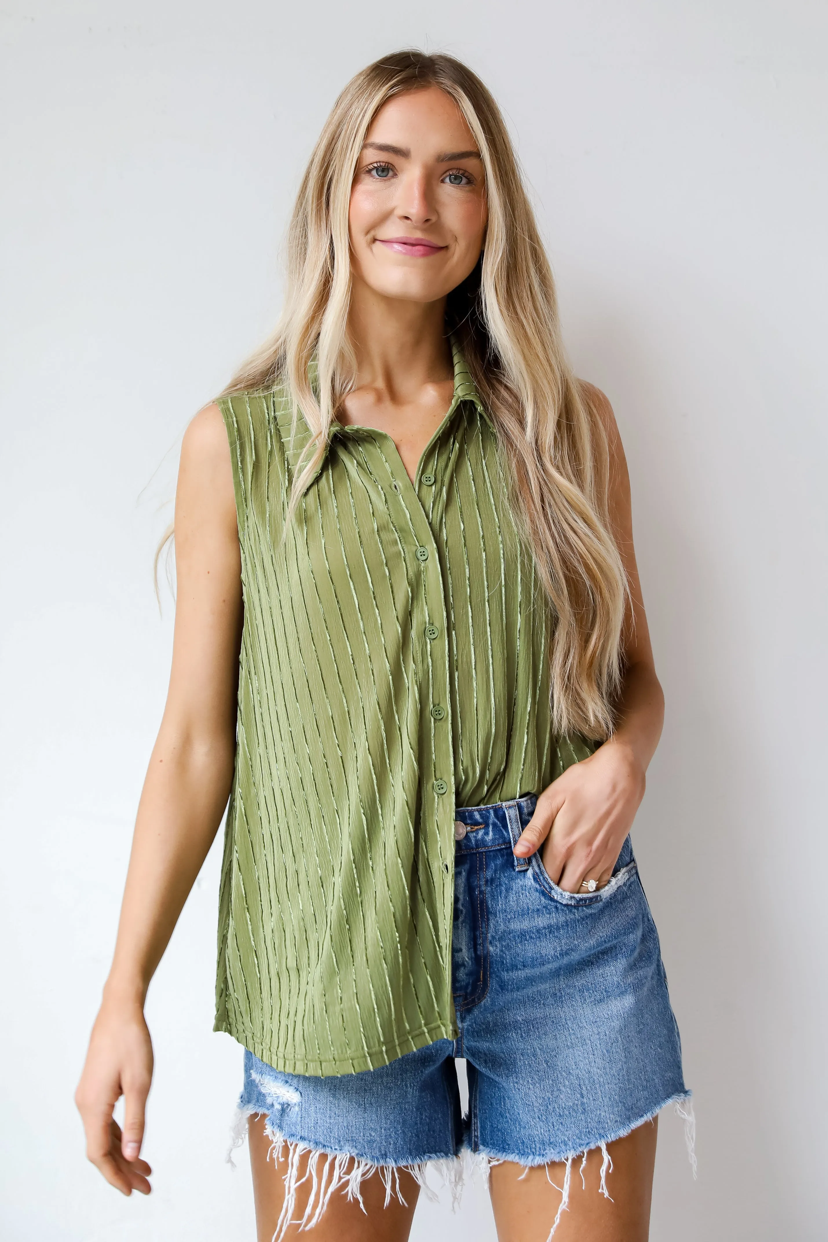 FINAL SALE - Endlessly Breezy Green Velvet Stripe Sleeveless Blouse