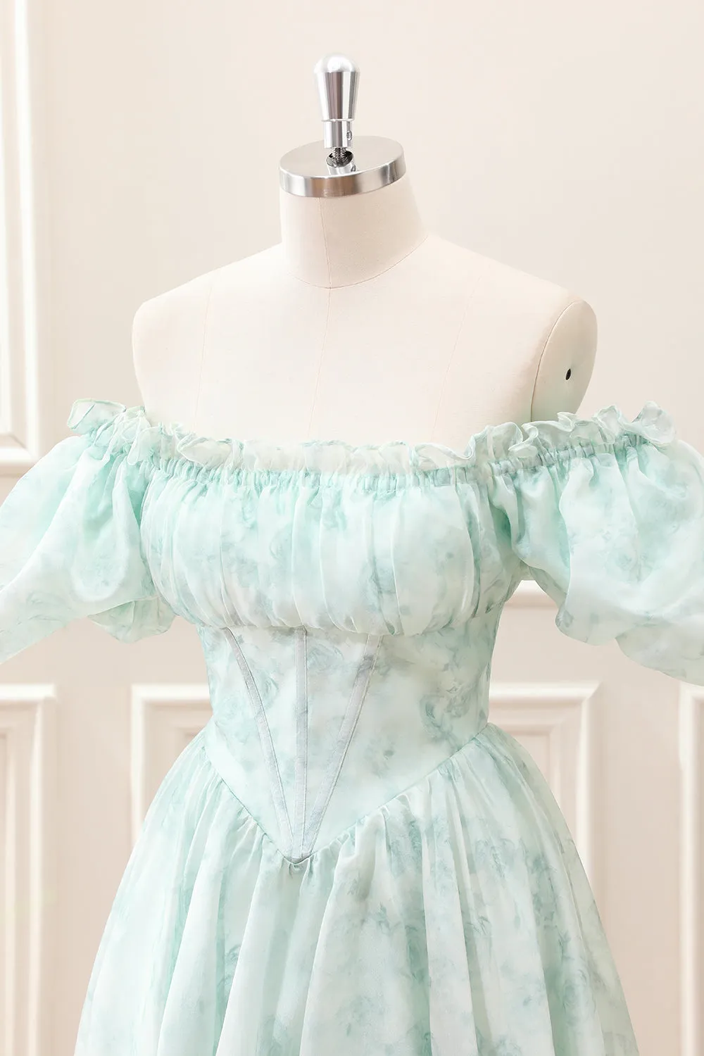 Floral Light Green A Line Off the Shoulder Corset Mini Dress with Puff Sleeves