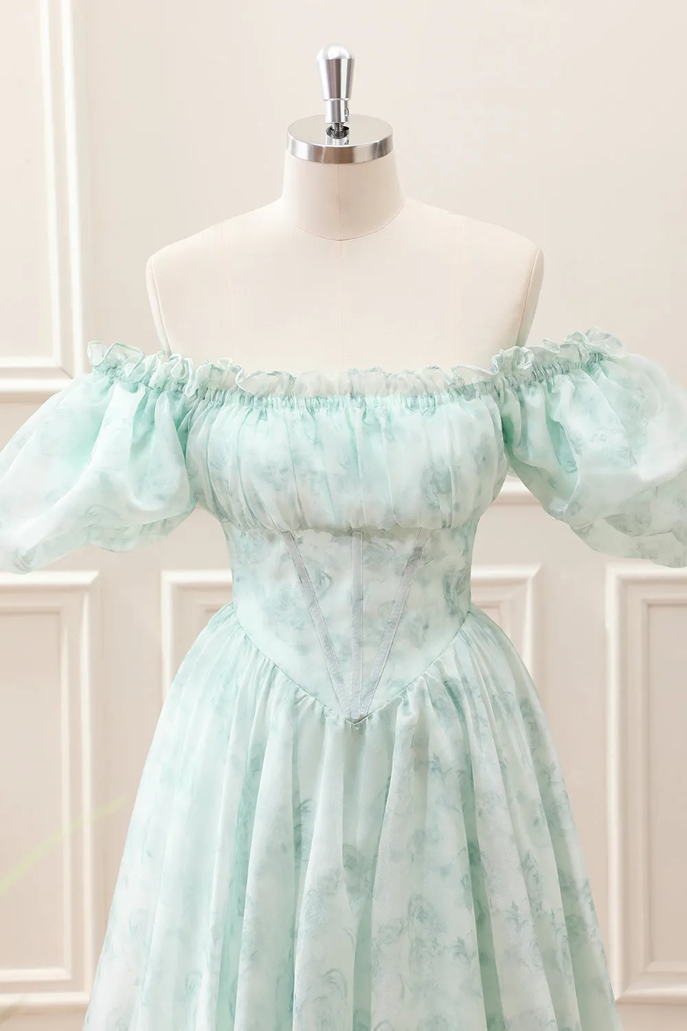 Floral Light Green A Line Off the Shoulder Corset Mini Dress with Puff Sleeves