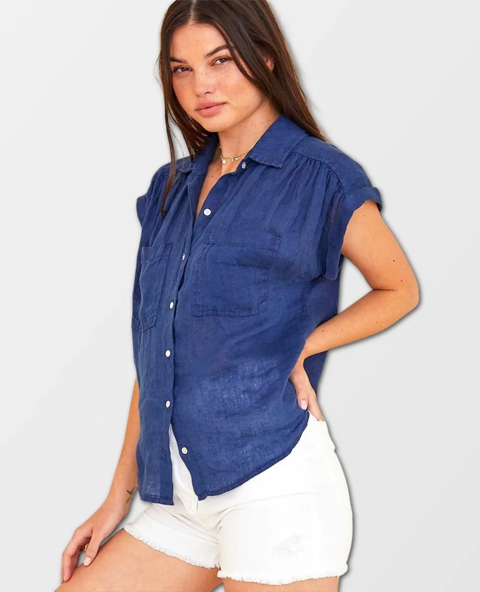 Flowy Pocket Button Down Marine Blue Short Sleeve