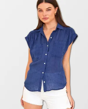 Flowy Pocket Button Down Marine Blue Short Sleeve