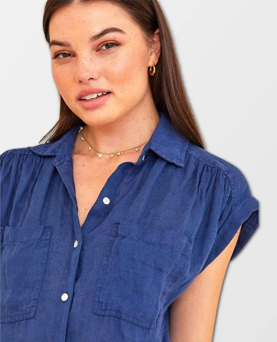 Flowy Pocket Button Down Marine Blue Short Sleeve