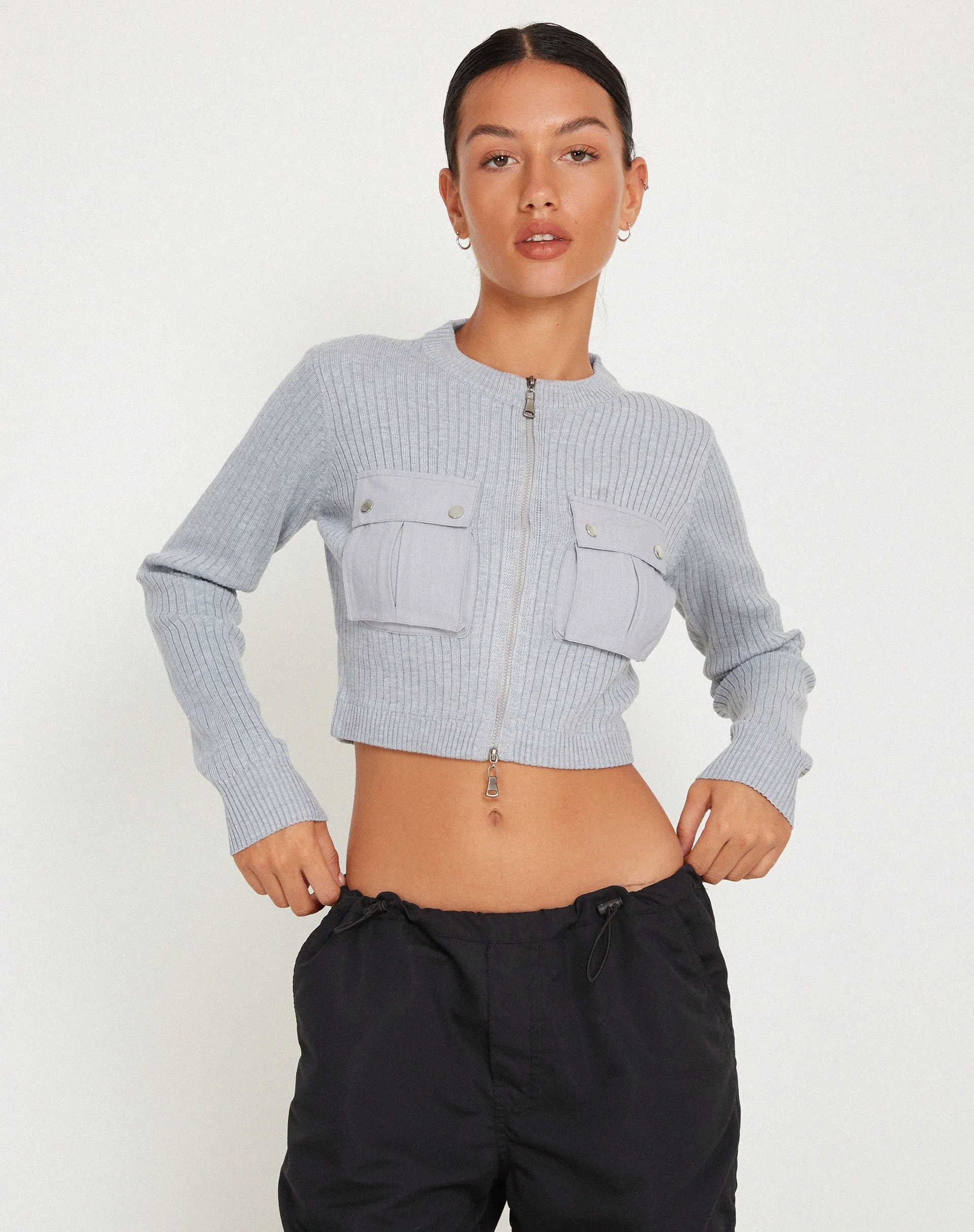 Hamizah Rib Knit Zip Up Cropped Cardigan in Light Grey