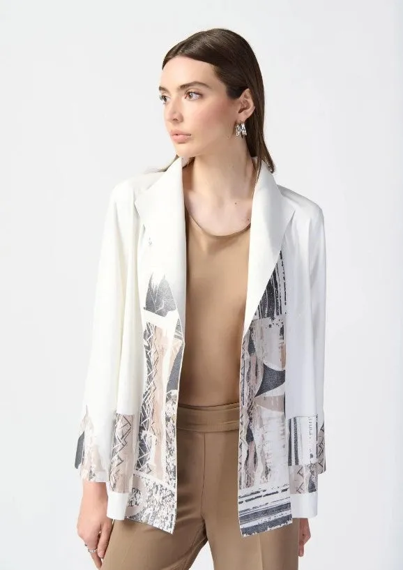 Joseph Ribkoff Vanilla/Multi Abstract Print Faux Suede Open Front Boxy Jacket 241919