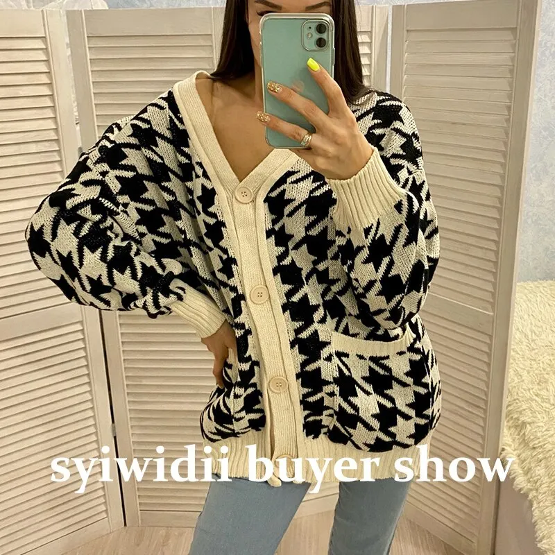 Joskaa Sweater Oversized Cardigans Women Houndstooth Jacket V-Neck Autumn Winter 2024 Chic Knitted Loose Tops Warm Coat Purple