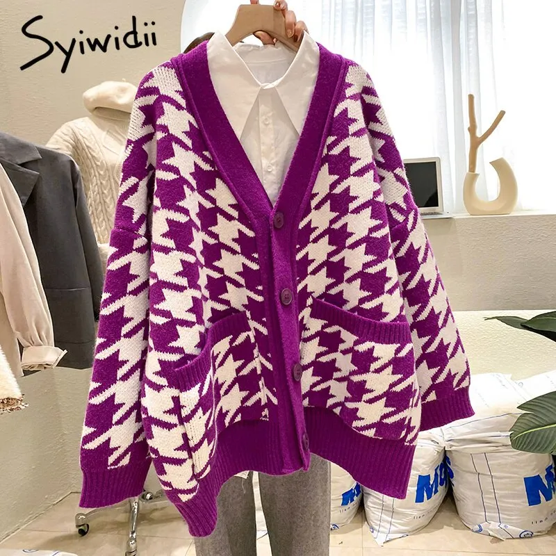 Joskaa Sweater Oversized Cardigans Women Houndstooth Jacket V-Neck Autumn Winter 2024 Chic Knitted Loose Tops Warm Coat Purple