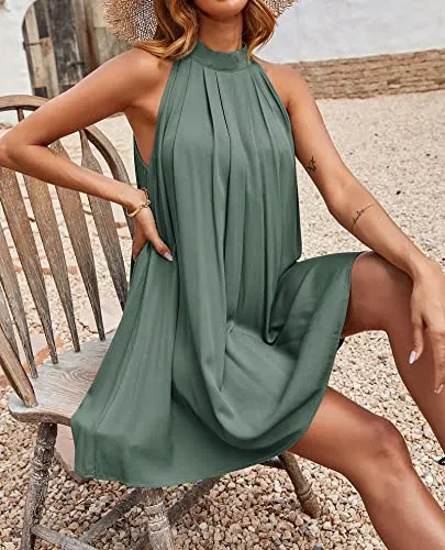 KIRUNDO 2023 Women's Summer Halter Neck Sleeveless Mini Dress Loose Tank Top Pleated Dress Short Beach Dress Sundress (Grey Green, X-Large)