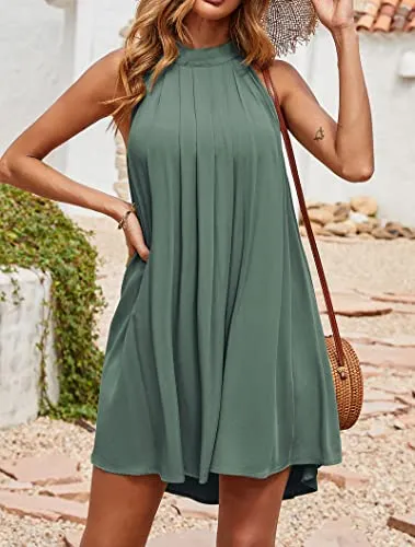 KIRUNDO 2023 Women's Summer Halter Neck Sleeveless Mini Dress Loose Tank Top Pleated Dress Short Beach Dress Sundress (Grey Green, X-Large)