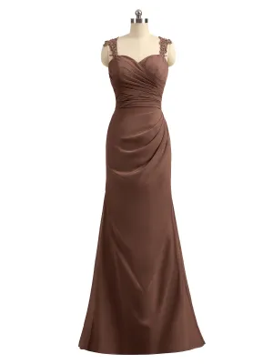 Lace Appliqued Strap Sheath Open Back Dress Chocolate