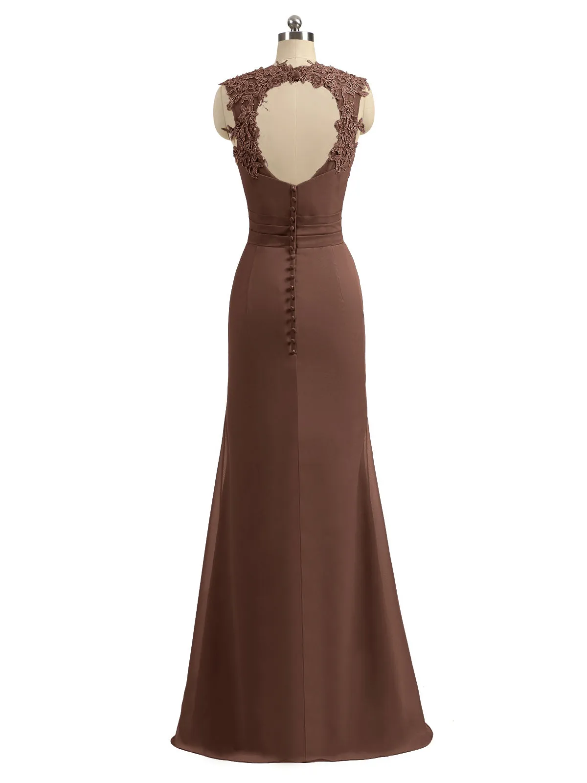 Lace Appliqued Strap Sheath Open Back Dress Chocolate