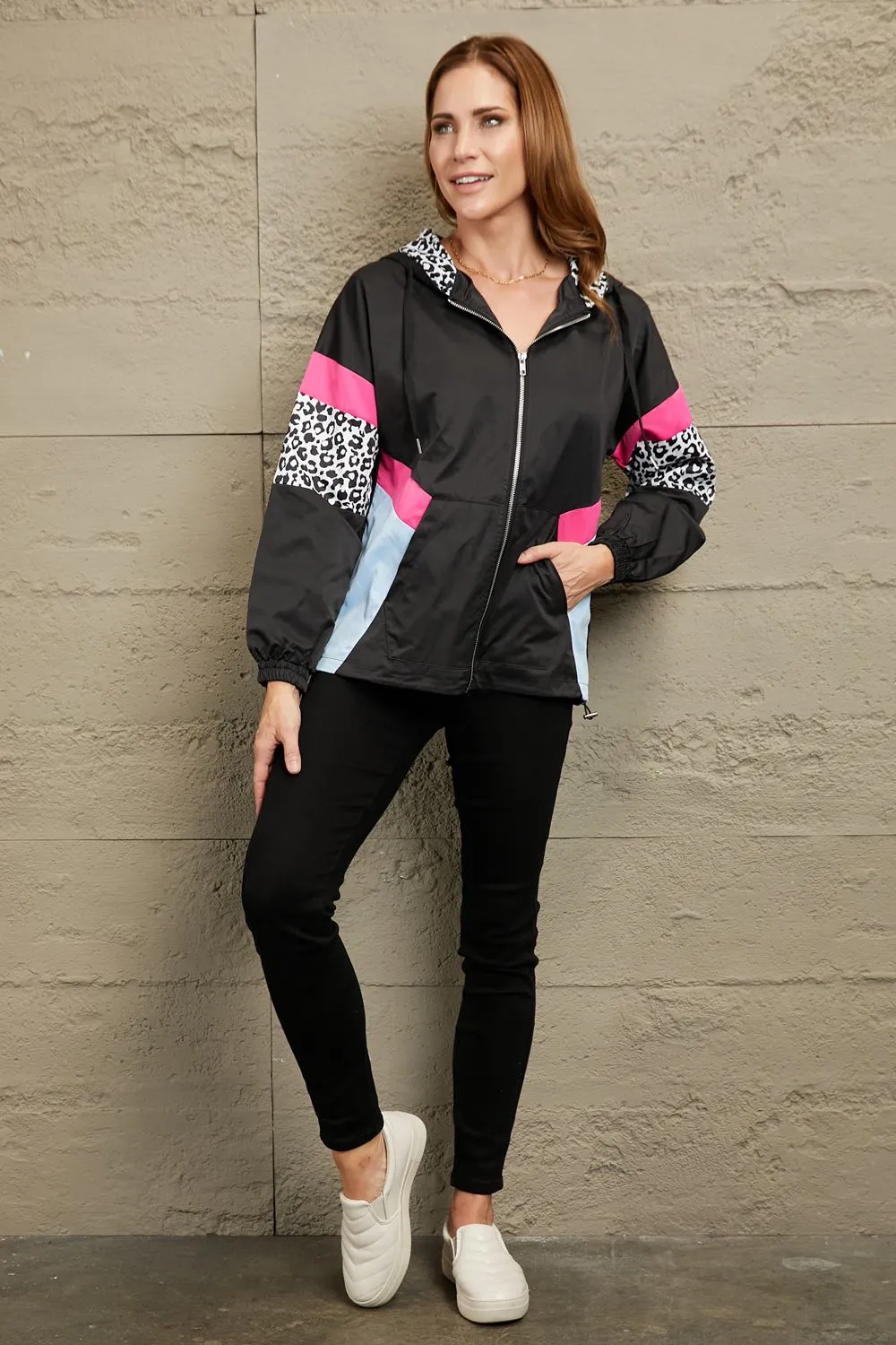 Leopard Color Block Zip-Up Hooded Jacket