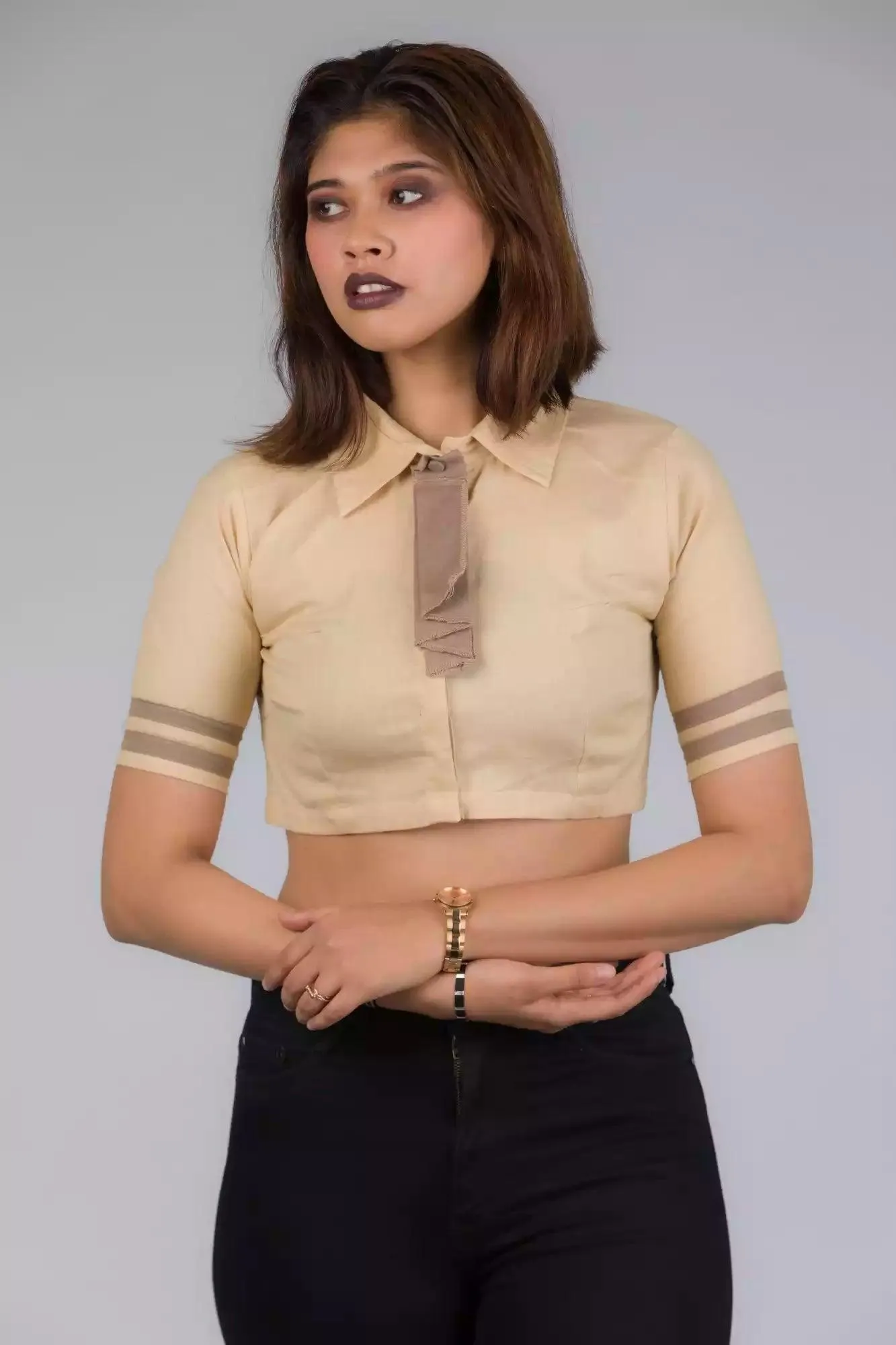 Light Beige Blouse with removeable Brown tie In Pure Cotton