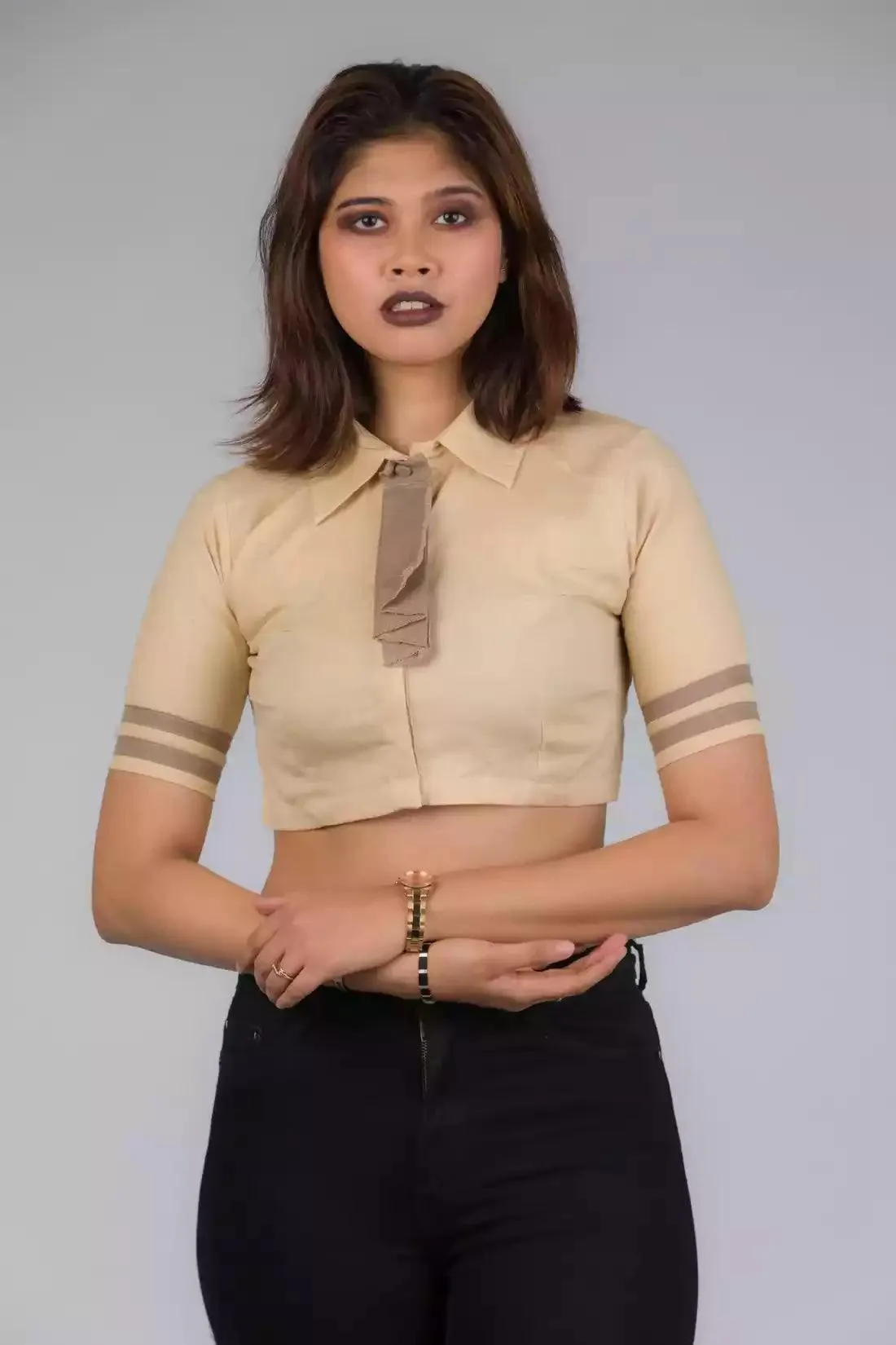 Light Beige Blouse with removeable Brown tie In Pure Cotton