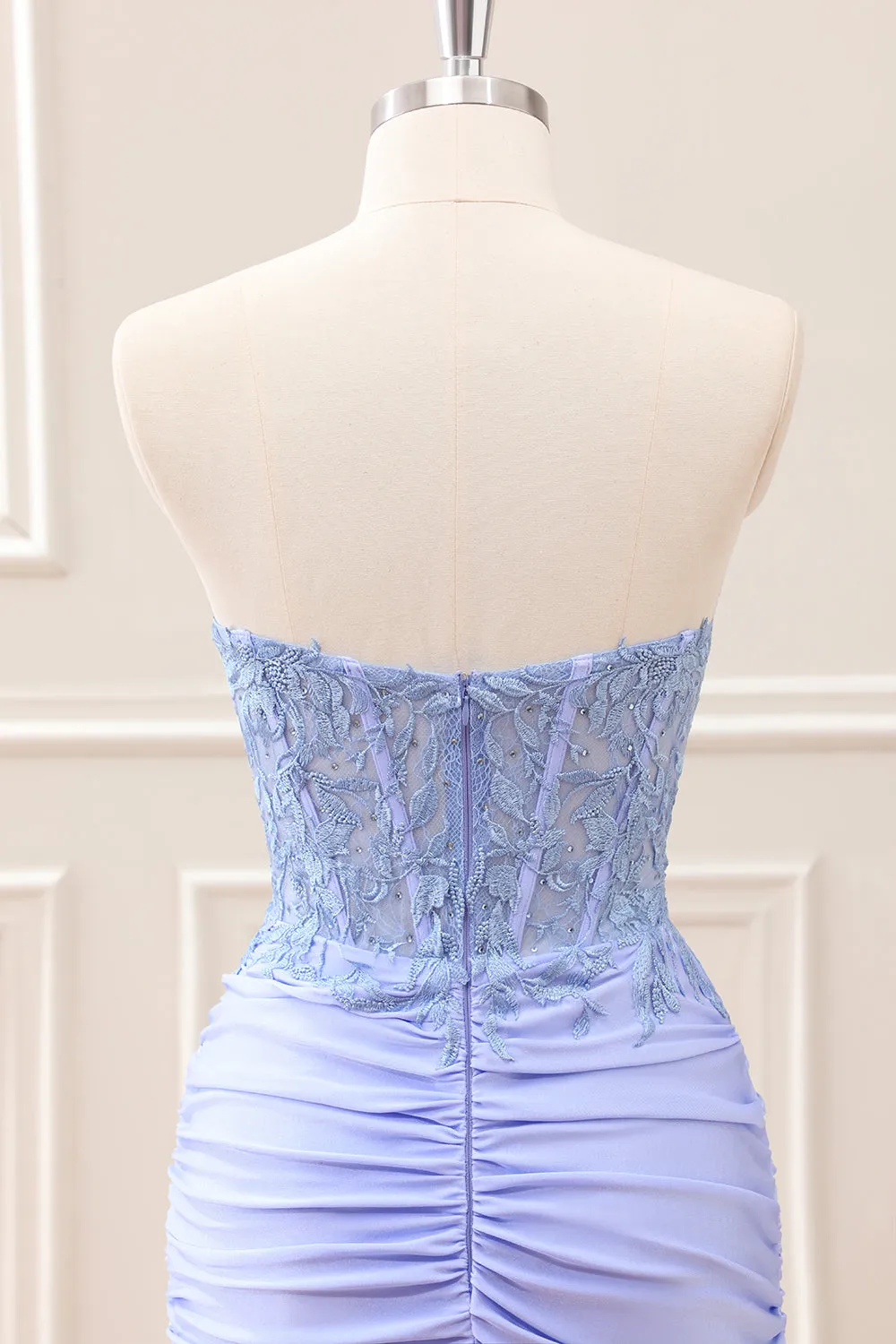 Lilac Strapless Ruched Corset Homecoming Dress with Appliques