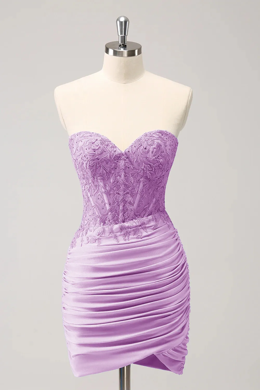 Lilac Strapless Ruched Corset Homecoming Dress with Appliques