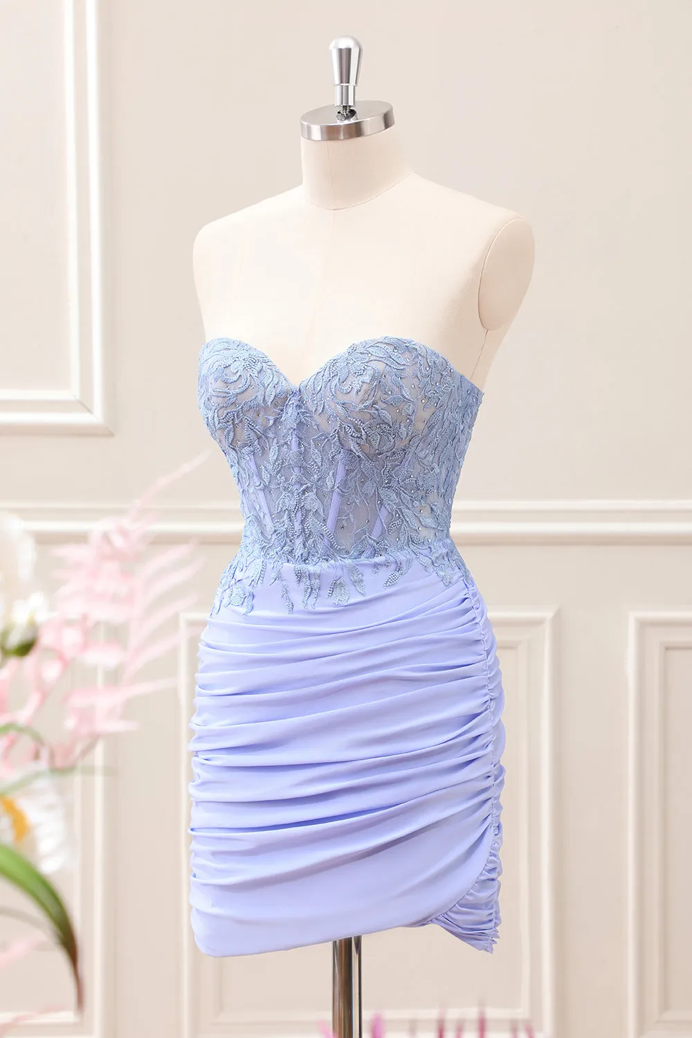 Lilac Strapless Ruched Corset Homecoming Dress with Appliques