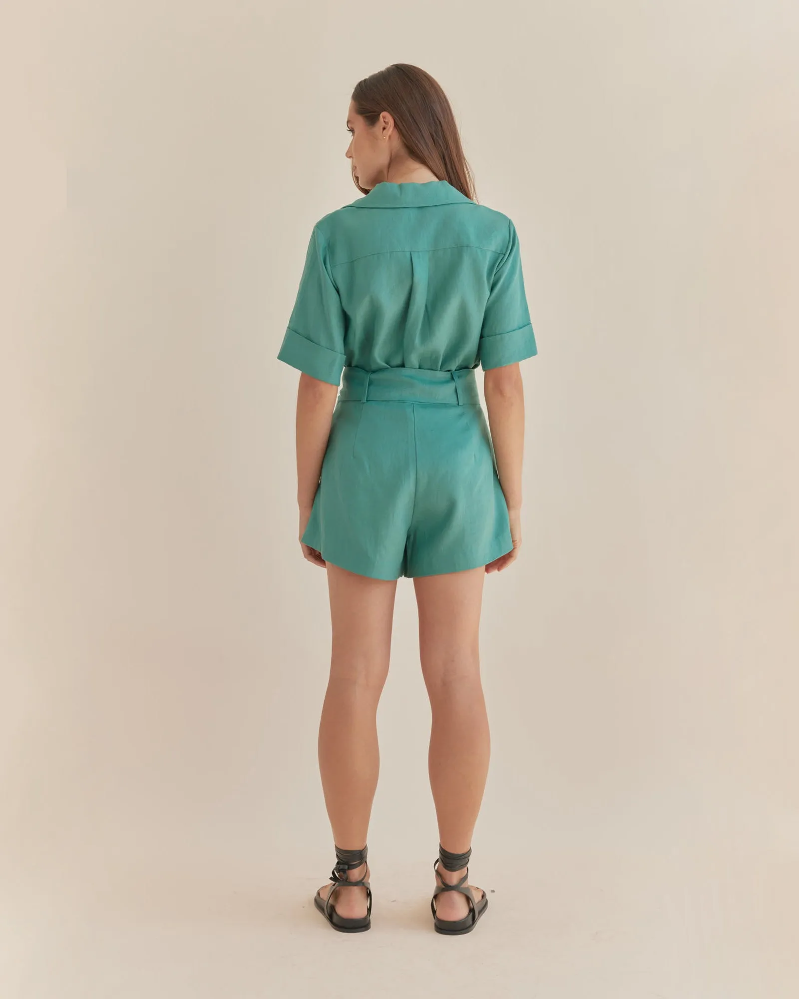 Maelle Belted Linen Short - Evergreen