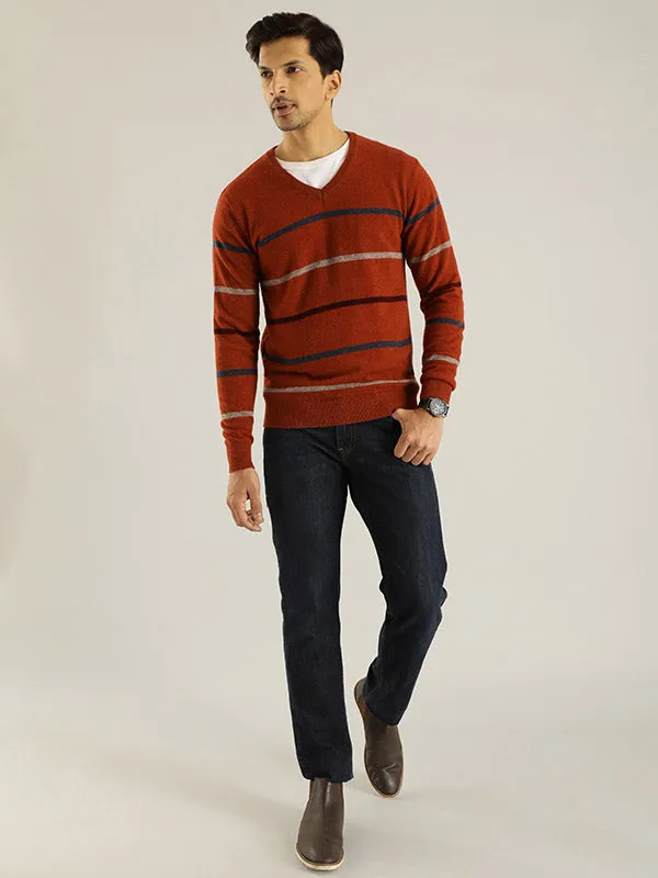 Men Striped Full Sleeve V-Neck Sweater