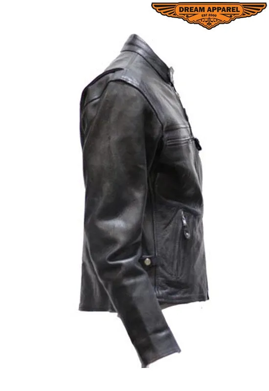 Mens Split Cowhide Leather Scooter Jacket W/ Z/o Lining