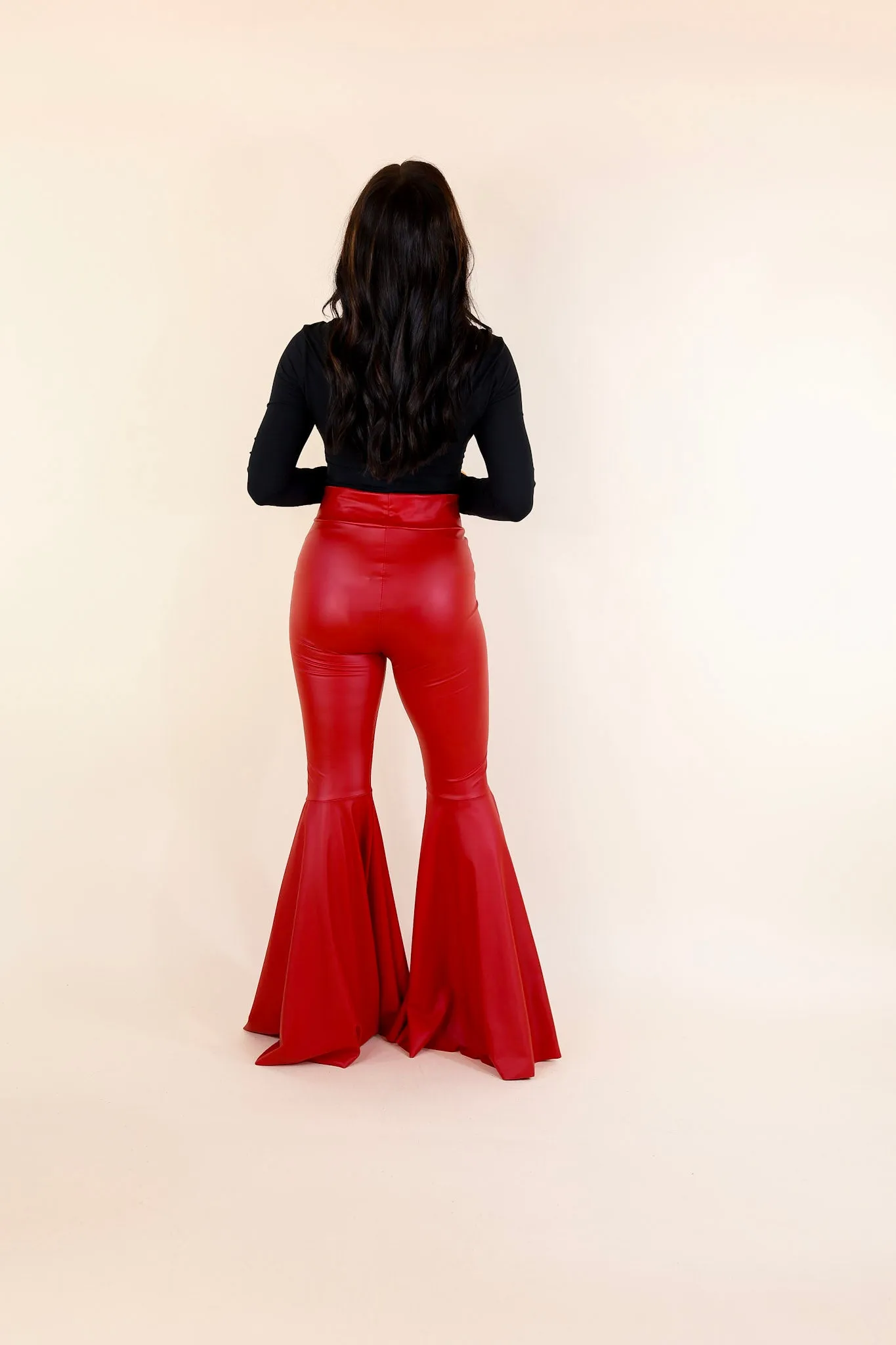 Nearly Famous Faux Leather Bell Bottom Pants in Red